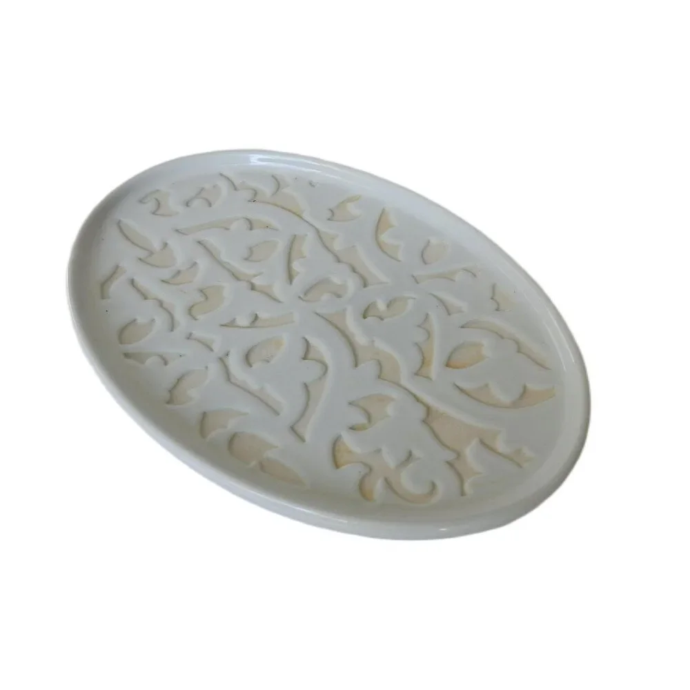 Carved Footed Ceramic Soap Dish White Leaf Design Elegant Bath Decor